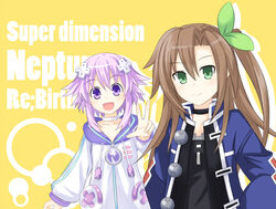  2girls bad_id bad_pixiv_id brown_hair commentary_request d-pad d-pad_hair_ornament fuji_kakei green_eyes hair_ornament hair_ribbon hood hoodie if_(neptunia) jacket looking_at_viewer multiple_girls neptune_(neptunia) neptune_(series) one_side_up purple_eyes ribbon v 