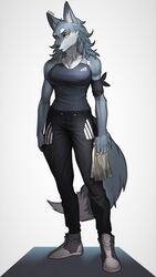  2018 amber_eyes anthro anthrofied biped canid canine canis cervina clothed clothing countershading digital_media_(artwork) eyebrows eyelashes female footwear full-length_portrait fully_clothed fur grey_body grey_fur grey_hair hair half-closed_eyes hi_res holding_object legwear looking_at_viewer mammal muscular muscular_anthro muscular_female narrowed_eyes pgm300 portrait pose seductive shirt shoes simple_background smile solo standing tank_top text text_on_clothing text_on_shirt text_on_tank_top text_on_topwear thick_thighs topwear white_background wolf yellow_eyes 