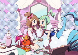  2girls altaria applying_makeup aqua_hair beak bird blue_eyes blue_feathers blush brown_hair chorimokki commentary_request compact_(cosmetics) feathers fluffy hair_ribbon hand_mirror heart holding holding_compact indoors lisia_(pokemon) may_(pokemon) mirror multiple_girls photoshop_(medium) pokemon pokemon_(creature) pokemon_oras ribbon torchic white_feathers 