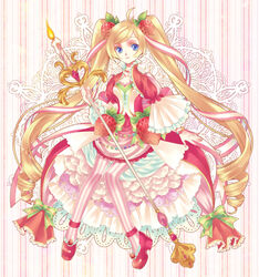  ahoge bad_id bad_pixiv_id blonde_hair blue_eyes bow bracelet cake candle colored_eyelashes commentary_request female food food-themed_hair_ornament food-themed_ornament frills fruit full_body hair_ornament highres jewelry kirisita long_hair original pantyhose personification photoshop_(medium) pink_pantyhose pink_skirt pocketland rainbow_order red_footwear shoes skirt smile solo staff strawberry strawberry_hair_ornament strawberry_shortcake striped_bow striped_clothes striped_pantyhose twintails vertical-striped_clothes vertical-striped_pantyhose 