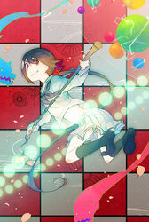  a_(kyousougiga) black_legwear bow brown_hair checkered_background commentary_request female grin hairbow hami_(lvct) hammer holding koto_(kyousougiga) kyousougiga long_hair long_sleeves looking_at_viewer midriff petals photoshop_(medium) pleated_skirt ponytail red_eyes school_uniform serafuku shoes skirt smile un_(kyousougiga) very_long_hair 