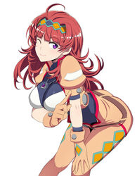  ahoge arm_support belt bent_over breasts charlotte_hasting female gloves hairband index_finger_raised jewelry legs_together long_hair looking_at_viewer medium_breasts nanashino necklace one_eye_closed orange_gloves purple_eyes red_hair simple_background solo standing super_robot_wars super_robot_wars_v wavy_hair white_background 