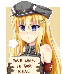  :t anger_vein bare_shoulders bismarck_(kancolle) blonde_hair blue_eyes blush breasts brown_gloves commentary english_commentary english_text female gloves guardian-panda hat holding holding_sign kantai_collection long_hair mai_waifu medium_breasts military_hat pout puff_of_air sign solo tears 