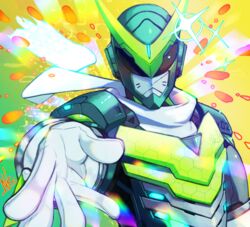  1boy abstract_background armor bad_id bad_pixiv_id bodysuit commentary_request cyborg foreshortening genji_(overwatch) gloves green_background helmet looking_at_viewer male_focus mask nkatazmukai official_alternate_costume outstretched_hand overwatch overwatch_1 power_armor reaching reaching_towards_viewer scarf sentai_genji signature solo tokusatsu upper_body white_gloves white_scarf yellow_background 