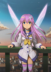  city cityscape cloud commentary_request d-pad d-pad_hair_ornament dusk female hair_ornament long_hair looking_at_viewer nepgear neptune_(series) photoshop_(medium) purple_eyes purple_hair purple_thighhighs railing ribbon segamark sky solo star_(sky) starry_sky striped_clothes striped_thighhighs thighhighs white_thighhighs wings 