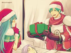  2boys alternate_costume aqua_hair blue_eyes blue_hair box brother_and_sister cape christmas commentary_request eirika_(fire_emblem) eirika_(winter)_(fire_emblem) ephraim_(fire_emblem) ephraim_(winter)_(fire_emblem) female fire_emblem fire_emblem:_the_sacred_stones fire_emblem_heroes fur_trim gift gift_box gloves green_hair hat highres long_hair lyon_(fire_emblem) merry_christmas multiple_boys nishimura_(shinchinagachi) protected_link purple_hair red_gloves robe sack santa_costume santa_hat short_hair siblings smile 