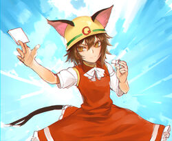  &gt;:) animal_ears bow bowtie brown_eyes brown_hair card cat_ears cat_girl cat_tail chen commentary_request dress duel_monster earrings ears_through_headwear female helmet jewelry kinketsu multiple_tails parody red_dress rescue_cat short_hair short_sleeves single_earring smile solo tail touhou two_tails upper_body v-shaped_eyebrows whistle white_bow white_bowtie yu-gi-oh! 