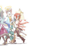  3boys angel archangel_gabriel_(p&amp;d) archangel_michael_(p&amp;d) archangel_uriel_(p&amp;d) arms_behind_head bad_id bad_pixiv_id blue_hair brown_hair halo madocca multiple_boys puzzle_&amp;_dragons red_hair simple_background sword topless_male weapon white_background wings 