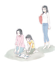  3girls :o aged_down bag bare_shoulders barefoot black_hair blunt_bangs book brown_eyes carrying_bag commentary_request denim highres jeans kobuchizawa_shirase kobuchizawa_takako long_hair long_sleeves mother_and_daughter multiple_girls pants partially_colored seiza shirt short_sleeves simple_background sitting sleeveless sleeveless_shirt sleeves_rolled_up smile socks sora_yori_mo_tooi_basho spoilers suzzy t-shirt toudou_gin white_background 