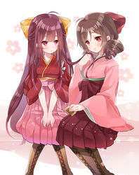  2girls bad_id bad_pixiv_id brown_eyes brown_hair drill_hair hakama hakama_skirt harukaze_(kancolle) jakey japanese_clothes kamikaze_(kancolle) kantai_collection kimono long_hair meiji_schoolgirl_uniform multiple_girls pink_hakama purple_eyes purple_hair red_hakama skirt smile yuri 