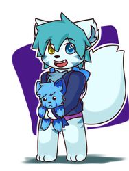  3:4 ambiguous_gender animal_plushie anthro blue_eyes canid canine canis chibi clothing cynxie_(artist) geometric_background haziq_(hazumazu) heterochromia hi_res holding_object holding_plushie hoodie inanimate_object mammal open_mouth panties plushie purple_clothing purple_panties purple_underwear simple_background solo topwear underwear wolf yellow_eyes young young_anthro 