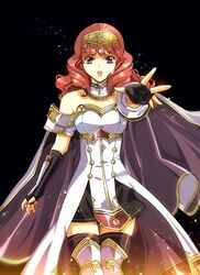  armor breastplate cape celica_(fire_emblem) commentary_request female fingerless_gloves fire_emblem fire_emblem_echoes:_shadows_of_valentia fire_emblem_gaiden gloves hikaru_(mikan0407) holding looking_at_viewer red_eyes red_hair solo tears thighhighs tiara zettai_ryouiki 