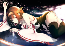  ahoge ass bare_shoulders black_footwear black_thighhighs boots brown_eyes brown_hair commentary_request detached_sleeves double_bun female hair_bun hairband headgear japanese_clothes kantai_collection kongou_(kancolle) long_hair looking_at_viewer lying mille_(dieci) nontraditional_miko on_floor parted_lips petals ribbon-trimmed_sleeves ribbon_trim skirt solo thigh_boots thighhighs 