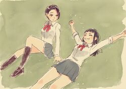  2girls \o/ ^_^ aged_down arms_up black_hair blunt_bangs clenched_hands closed_eyes commentary_request faux_traditional_media grass grin highres kneehighs kobuchizawa_takako long_hair long_sleeves lying mole mole_under_eye multiple_girls outdoors outstretched_arms partially_colored school_uniform shirt shoes short_hair sitting skirt sleeves_rolled_up smile socks sora_yori_mo_tooi_basho spoilers stretching suzzy sweatdrop toudou_gin 