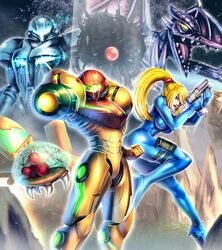  arm_cannon armor ass assault_visor blonde_hair blue_eyes blue_visor bodysuit commentary_request dark_samus female gonzarez green_visor gun handgun highres holding holding_gun holding_weapon long_hair looking_at_viewer metroid metroid_(creature) mole mole_under_mouth monster mother_brain paralyzer ponytail power_armor ridley samus&#039;s_gunship samus_aran science_fiction shoe_soles skin_tight varia_suit weapon zero_suit 