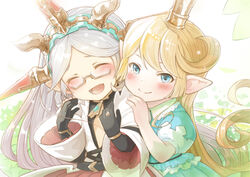  2girls :d ^_^ belt black_gloves blonde_hair blue_eyes blush bracelet charlotta_(granblue_fantasy) closed_eyes commentary crown dress elbow_gloves english_commentary facing_viewer glasses gloves granblue_fantasy green_dress hairband hands_on_another&#039;s_shoulders happy harvin jewelry long_hair looking_at_viewer multiple_girls open_mouth pointy_ears puffy_short_sleeves puffy_sleeves ring semi-rimless_eyewear short_sleeves smile under-rim_eyewear very_long_hair walkalone white_hair wide_sleeves zahlhamelina 