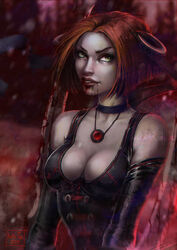  amulet blood bloodrayne bloody_weapon breasts choker cleavage dated dhampir elbow_gloves fangs female fingerless_gloves green_eyes halter_top halterneck kate-fox large_breasts leather_armor rayne red_hair standing watermark weapon 