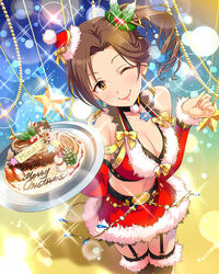  ;) artist_request belt breasts brown_eyes brown_hair cake christmas cleavage earrings female food garter_straps halterneck idolmaster idolmaster_cinderella_girls jewelry kawashima_mizuki large_breasts merry_christmas midriff official_art one_eye_closed short_hair side_ponytail smile solo star_(symbol) swiss_roll thighhighs yule_log_(cake) 