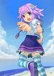  beach blue_eyes cable cloud commentary_request d-pad d-pad_hair_ornament day female hair_ornament light_rays looking_at_viewer neptune_(neptunia) neptune_(series) ocean outdoors photoshop_(medium) purple_footwear purple_hair segamark shoes skirt sky solo striped_clothes striped_thighhighs sunbeam sunlight thighhighs waves 