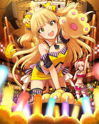  2girls :d animal_ears animal_hands artist_request blonde_hair glowstick green_eyes idolmaster idolmaster_cinderella_girls jougasaki_mika jougasaki_rika jpeg_artifacts lion_ears lion_girl lion_paw lion_tail long_hair multiple_girls official_art open_mouth pink_hair siblings sisters smile tail thighhighs twintails two_side_up v-shaped_eyebrows 