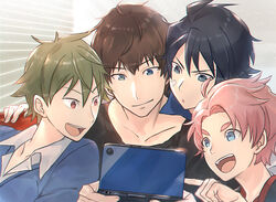  4boys akiyama_hayato alternate_hair_color bandage_on_face bandages blue_eyes blue_hair brown_hair close-up commentary_request green_eyes green_hair handheld_game_console heterochromia idolmaster idolmaster_side-m kabuto_daigo kojijima looking_down male_focus mole mole_under_eye multiple_boys nintendo_3ds pink_hair playing_games pointing red_eyes smile taiga_takeru takajo_kyoji 