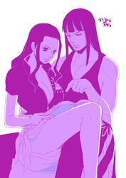  1boy bangs book breasts center_opening cleavage collarbone dual_persona female hair_slicked_back kyuujou_emiri long_hair looking_down monochrome multiple_persona nico_robin no_glasses one_piece open_book open_clothes open_shirt pointing purple revealing_clothes rule_63 sarong shirt short_sleeves simple_background skirt sleeveless sleeveless_shirt unzipped white_background zipper 