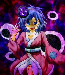  1other androgynous commentary_request empty_eyes evil_smile extra_eyes hair_ornament japanese_clothes kimono len&#039;en looking_back michi201411 mirror mitsumo other_focus short_hair shouyoukyou smile solo terumi_(len&#039;en) traditional_youkai 