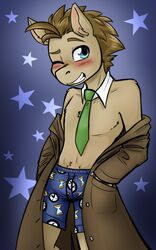  2015 anthro anthrofied balddumborat blue_eyes blush boxers_(clothing) brown_hair clothing coat doctor_whooves_(mlp) earth_pony equid equine friendship_is_magic hair hasbro hi_res horse male mammal my_little_pony necktie one_eye_closed pattern_background pony portrait shirt_collar simple_background solo star star-shaped_background three-quarter_portrait topwear trenchcoat underwear wink 