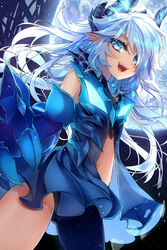  armor armored_dress asymmetrical_clothes blue_eyes blue_skirt blue_theme claws commentary_request cowboy_shot diabla_(elsword) elsword female full_moon highres horns long_hair looking_at_viewer luciela_r._sourcream miniskirt moon single_pantsleg skirt smile solo wataru_kuri white_hair 