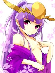  bare_shoulders breasts commentary_request covering_nipples covering_privates female hair_censor japanese_clothes kimono long_hair off_shoulder pikomarie purple_eyes purple_hair puzzle_&amp;_dragons small_breasts solo yomi_(p&amp;d) 