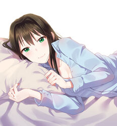  bad_id bad_pixiv_id bed_sheet black_hair blue_shirt blush breasts buttons cleavage closed_mouth collarbone female furururu green_eyes hair_between_eyes idolmaster idolmaster_cinderella_girls long_hair long_sleeves looking_at_viewer lying on_side pajamas partially_unbuttoned pillow pillow_grab shibuya_rin shirt small_breasts smile solo upper_body white_background 