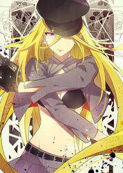  belt bikini bikini_top_only bishamonten_(noragami) black_bikini black_gloves black_hat blonde_hair breasts cleavage commentary_request earrings female floating_hair gloves grey_jacket grey_skirt gun hair_between_eyes hat hat_over_one_eye holding holding_gun holding_weapon jacket jewelry lipstick long_hair looking_at_viewer makeup medium_breasts midriff navel noragami open_clothes open_jacket parted_lips photoshop_(medium) pleated_skirt purple_eyes red_lips shrug_(clothing) skirt solo standing stomach swimsuit very_long_hair weapon zxs1103 