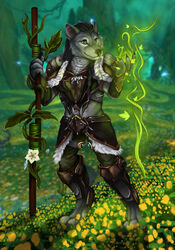  anthro armor blizzard_entertainment canid claws clothed clothing detailed_background digital_media_(artwork) female field flower forest fur grass hair holding_object holding_weapon leaf magic magic_user mammal melee_weapon nievaris outside plant smile solo staff standing teeth tree warcraft weapon were werecanid worgen 