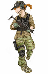  baseball_cap blue_eyes body_armor bulletproof_vest camouflage cervus commentary_request ear_protection female full_body gloves gun h&amp;k_mp5 handgun hat headphones headphones_over_headwear headset heckler_&amp;_koch highres holster knee_pads load_bearing_vest looking_to_the_side military military_operator orange_hair original partial_commentary ponytail short_hair solo submachine_gun trigger_discipline weapon woodland_camouflage 