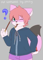  absurd_res anthro blue_eyes boxers_(clothing) clothing cynxie_(artist) domestic_cat felid feline felis food fur hair hi_res hoodie male mammal naz_namaki_(cynxie) pink_body pink_fur pink_hair pocky question_mark simple_background solo topwear underwear young young_anthro 