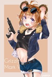  absurdres aged_down ahoge animal_ears bear_girl blush breasts brown_hair collarbone commentary_request eyewear_on_head female food_in_mouth girls&#039;_frontline grizzly_mkv_(girls&#039;_frontline) grizzly_mkv_(teddy_transform!)_(girls&#039;_frontline) gun handgun highres jacket kuraken looking_at_viewer midriff navel official_alternate_costume open_mouth purple_eyes short_hair shorts small_breasts sunglasses trigger_discipline weapon 