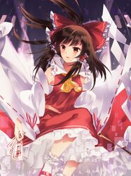  ascot bad_id bad_pixiv_id bow brown_eyes brown_hair commentary_request detached_sleeves female gohei hair_tubes hairbow hakurei_reimu japanese_clothes miko ofuda red_bow sarashi shiyun solo touhou wide_sleeves 