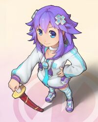  :&gt; blue_eyes choker collarbone commentary_request d-pad d-pad_hair_ornament female full_body hair_ornament hand_on_hilt hand_on_own_hip hood hooded_track_jacket jacket looking_at_viewer neptune_(neptunia) neptune_(series) purple_hair segamark sheath sheathed shoes smile solo striped_clothes striped_thighhighs sword thighhighs track_jacket weapon 