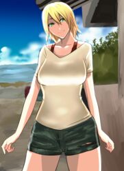  allison_(summer_lesson) bad_id bad_pixiv_id blonde_hair breasts female green_eyes hifumi_hajime large_breasts short_hair short_shorts shorts smile solo summer_lesson thighs 