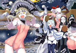  6+girls abyssal_ship alcohol armored_aircraft_carrier_princess bad_id bad_pixiv_id blue_eyes blue_hair blush bucket drinking glowing glowing_eyes ha-class_destroyer kantai_collection long_hair milk multiple_girls onsen open_mouth pale_skin ro-class_destroyer ru-class_battleship sake school_uniform serafuku sharp_teeth ta-class_battleship teeth thighhighs towel tsuru_(clainman) wa-class_transport_ship white_hair wo-class_aircraft_carrier wooden_bucket yellow_eyes 