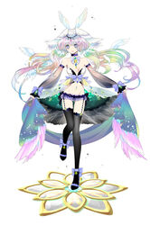  angel angel_wings black_thighhighs blue_bow blue_eyes blue_skirt bow choker commentary_request detached_sleeves feathered_wings feathers female full_body gem head_wings highres long_hair looking_at_viewer miniskirt multicolored_hair original pocketland rainbow_hair revealing_clothes sash see-through skirt smile solo standing standing_on_one_leg thigh_strap thighhighs twintails white_background wings yamimomo 