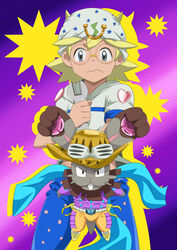  1boy bad_id bad_pixiv_id blonde_hair blue_eyes buck_teeth bunnelby clemont_(pokemon) cosplay cowboy_hat glasses goggles goggles_on_headwear gradient_background gyro_zeppeli gyro_zeppeli_(cosplay) hat highres holding horseshoe johnny_joestar johnny_joestar_(cosplay) jojo_no_kimyou_na_bouken kaji_yuuki photoshop_(medium) pokemon pokemon_(anime) pokemon_(creature) reo_j scarf steel_ball_(jojo) steel_ball_run sweat teeth voice_actor_connection wrench 