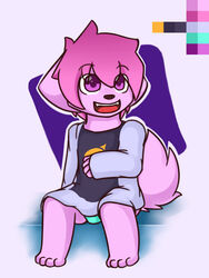  3:4 anthro canid canine clothing cottonara_kouhou_(cynxie) cynxie_(artist) fox fur hair hi_res male mammal model_sheet pink_body pink_fur pink_hair purple_eyes shirt simple_background solo t-shirt topwear underwear young young_anthro 