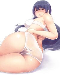  ass bifidus black_hair bra breasts commentary_request female frown fusou_(kancolle) hand_on_own_hip kantai_collection large_breasts long_hair looking_at_viewer lying on_side panties parted_lips raised_eyebrows red_eyes simple_background solo thighs underwear underwear_only white_background white_bra white_panties 