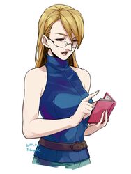  adrian_andrews belt blonde_hair book brown_eyes commentary_request female glasses gyakuten_saiban halterneck long_hair phoenix_wright:_ace_attorney_-_justice_for_all sleeveless sleeveless_turtleneck solo suzuki_hayase turtleneck white_background 