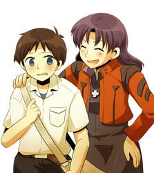  1boy blue_eyes brown_hair female highres ikari_shinji katsuragi_misato kinosaki_(green_patio) neon_genesis_evangelion purple_hair simple_background 