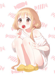  bad_id bad_pixiv_id blonde_hair blush brown_eyes candy collarbone convenient_leg crocs female food full_body furururu futaba_anzu hair_tie hand_on_leg holding holding_candy holding_food holding_lollipop idolmaster idolmaster_cinderella_girls licking lollipop long_hair looking_at_viewer low_twintails off_shoulder open_mouth oversized_clothes panties shirt shoes short_sleeves solo squatting t-shirt twintails underwear very_long_hair white_background white_shirt yellow_footwear 