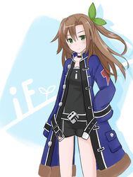  brown_hair character_name coat commentary_request female fuji_kakei hair_between_eyes hair_ribbon if_(neptunia) light_smile long_hair long_sleeves neptune_(series) one_side_up ribbon shorts solo 