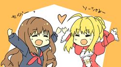  2girls ahoge akafuku_pukoemon bad_id bad_pixiv_id blonde_hair breasts brown_hair dress fate/extra fate/extra_ccc fate_(series) kishinami_hakuno_(female) long_hair multiple_girls nero_claudius_(fate) nero_claudius_(fate/extra) red_dress ribbon school_uniform serafuku small_breasts translated tsukumihara_academy_uniform_(fate/extra_ccc) 