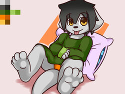  4:3 4_toes ambiguous_gender anthro brown_eyes cel_shading clothed clothing cynxie_(artist) feet fur grey_body grey_fur lying mammal model_sheet mustelid on_back otter pillow shaded shirt simple_background solo toes topwear underwear xander_(cynxie) young young_anthro 